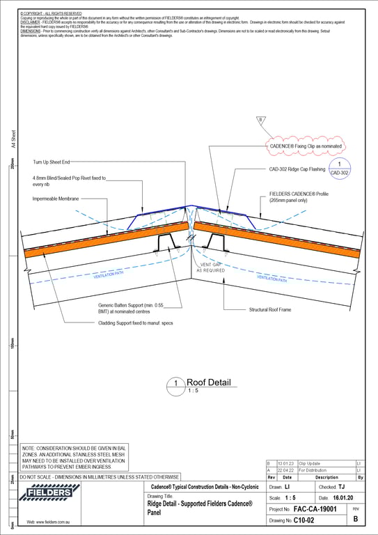  Image of C10-02 - Ridge Detail - Supported Fielders Cadence® Panel