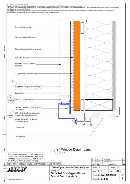  Image of C11-02 - Window Jamb Detail - Supported Fielders Cadence® Panel - Horizontal Fix