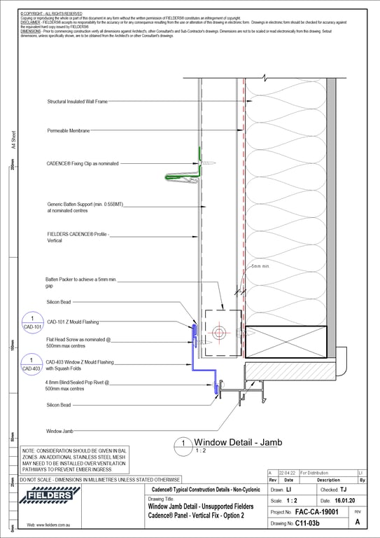 Navigate to C11-03b - Window Jamb Detail - Unsupported Fielders Cadence® Panel - Vertical Fix - Option 2