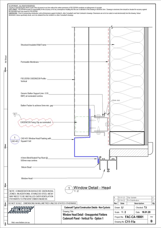  Image of C11-11a - Window Head Detail - Unsupported Fielders Cadence® Panel - Vertical Fix - Option 1