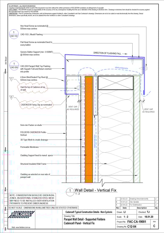Navigate to C12-04 - Parapet Wall Detail - Supported Fielders Cadence® Panel - Vertical Fix