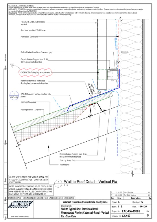  Image of C12-07 - Wall to Typical Roof Transition Detail - Unsupported Fielders Cadence® Panel - Vertical Fix - Side View