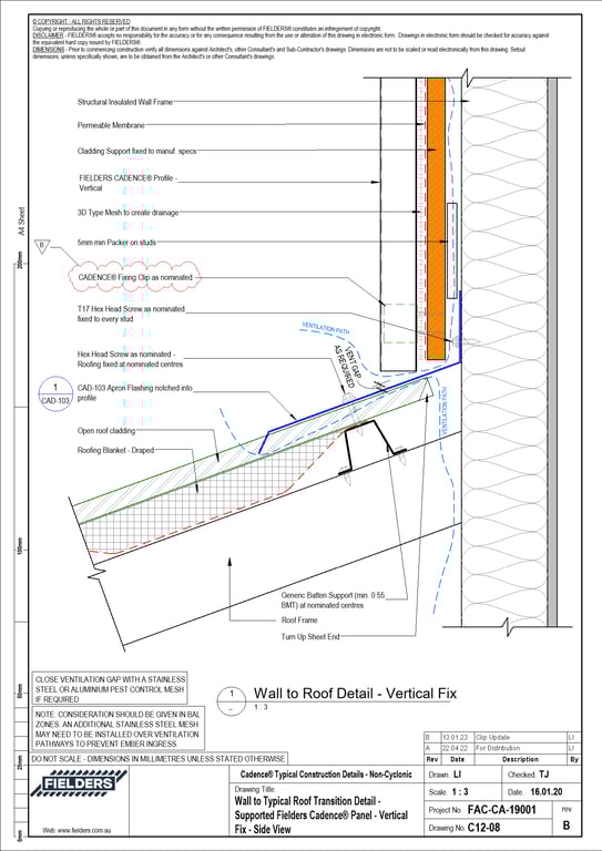  Image of C12-08 - Wall to Typical Roof Transition Detail - Supported Fielders Cadence® Panel - Vertical Fix - Side View