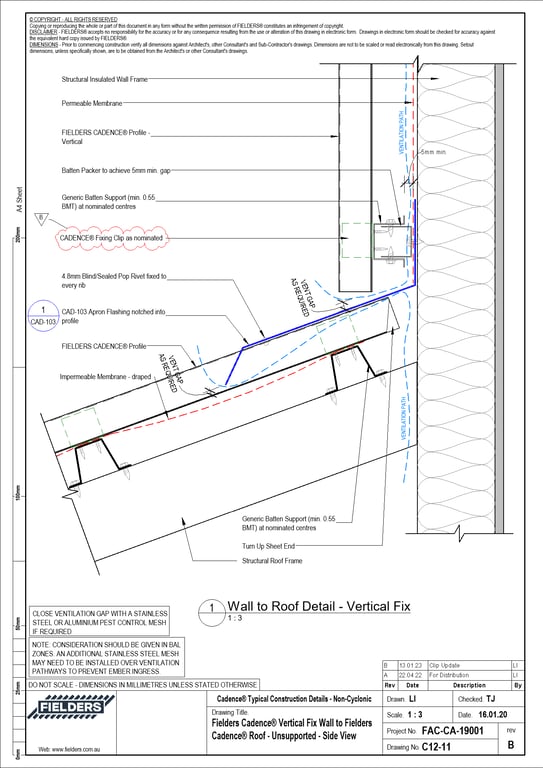  Image of C12-11 - Fielders Cadence® Vertical Fix Wall to Fielders Cadence® Roof - Unsupported - Side View