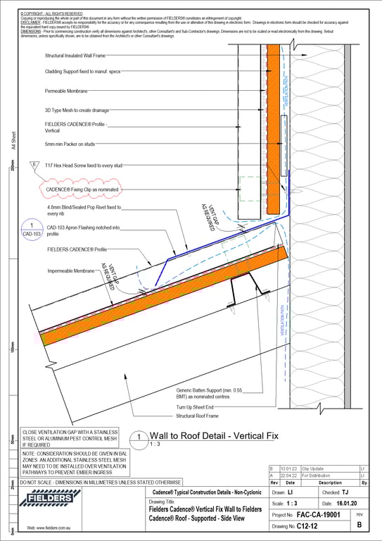  Image of C12-12 - Fielders Cadence® Vertical Fix Wall to Fielders Cadence® Roof - Supported - Side View