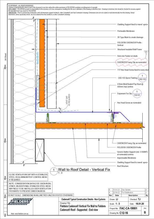  Image of C12-16 - Fielders Cadence® Vertical Fix Wall to Fielders Cadence® Roof - Supported - End view