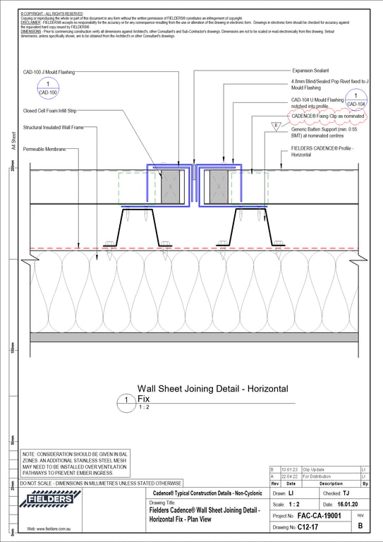  Image of C12-17 - Fielders Cadence® Wall Sheet Joining Detail - Horizontal Fix - Plan View