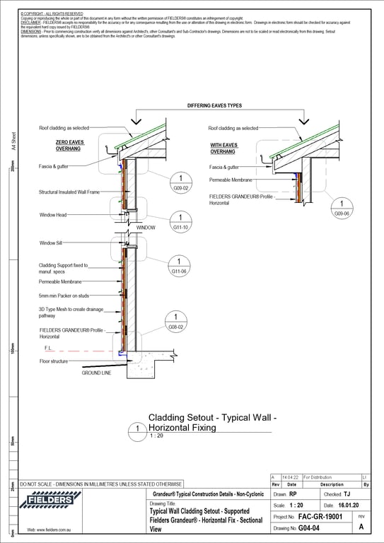 Navigate to G04-04 - Typical Wall Cladding Setout - Supported Fielders Grandeur® - Horizontal Fix - Sectional View