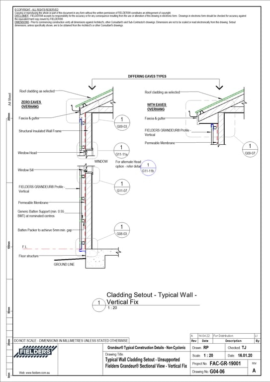 Navigate to G04-06 - Typical Wall Cladding Setout - Unsupported Fielders Grandeur® Sectional View - Vertical Fix