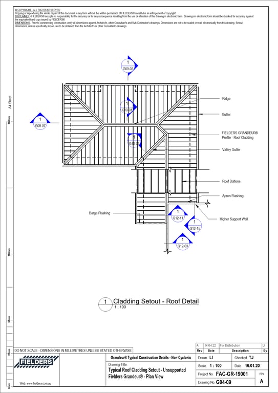 Navigate to G04-09 - Typical Roof Cladding Setout - Unsupported Fielders Grandeur® - Plan View