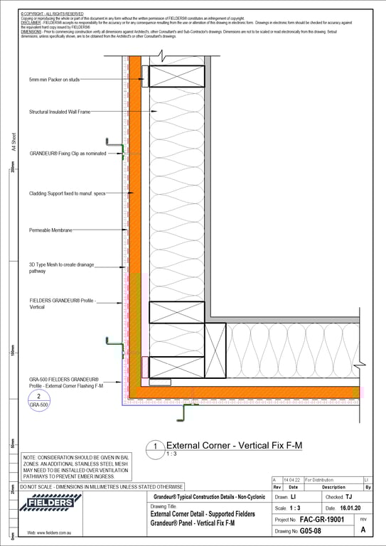 Navigate to G05-08 - External Corner Detail - Supported Fielders Grandeur® Panel - Vertical Fix F-M