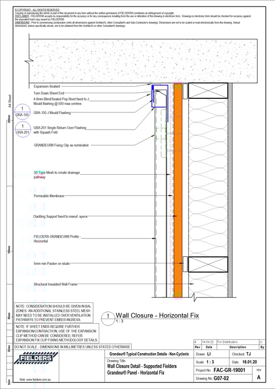 Navigate to G07-02 - Wall Closure Detail - Supported Fielders Grandeur® Panel - Horizontal Fix
