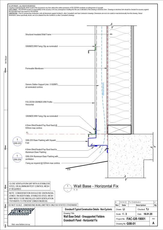 Navigate to G08-01 - Wall Base Detail - Unsupported Fielders Grandeur® Panel - Horizontal Fix