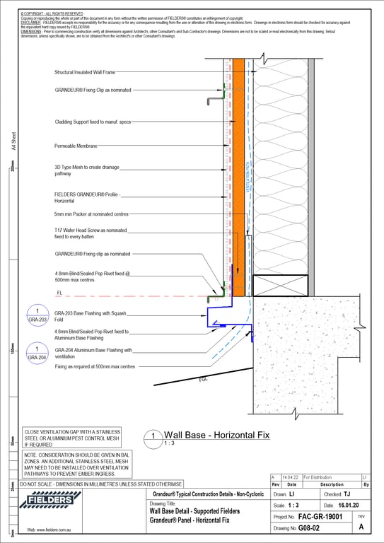 Navigate to G08-02 - Wall Base Detail - Supported Fielders Grandeur® Panel - Horizontal Fix
