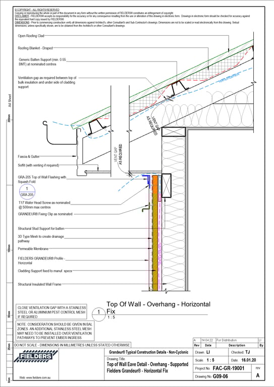 Navigate to G09-06 - Top of Wall Eave Detail - Overhang - Supported Fielders Grandeur® - Horizontal Fix