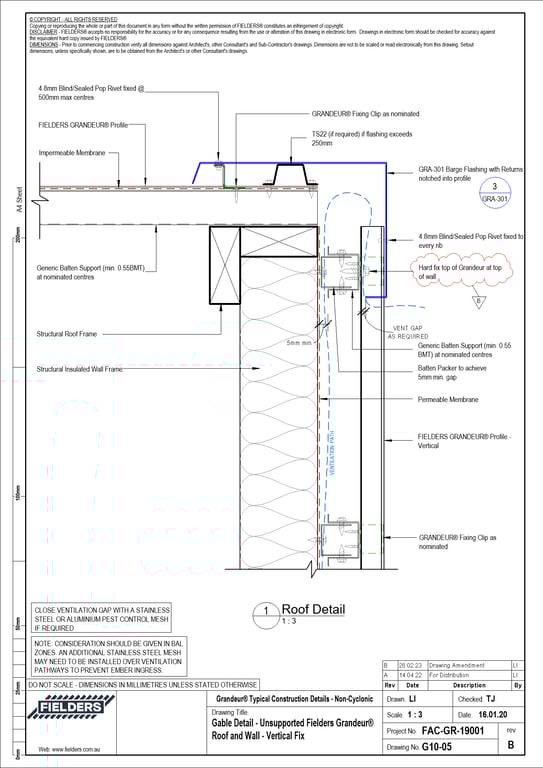 Navigate to G10-05 - Gable Detail - Unsupported Fielders Grandeur® Roof and Wall - Vertical Fix