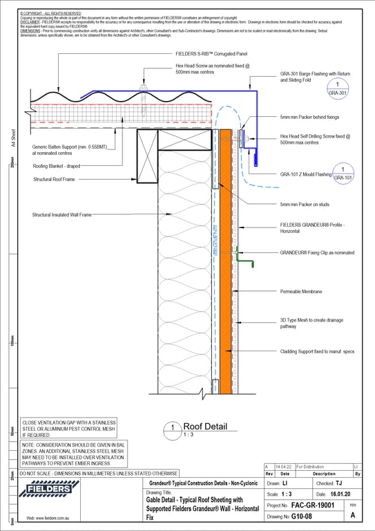 Navigate to G10-08 - Gable Detail - Typical Roof Sheeting with Supported Fielders Grandeur® Wall - Horizontal Fix