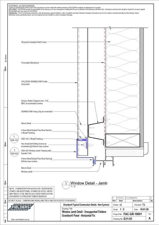 Image of G11-01 - Window Jamb Detail - Unsupported Fielders Grandeur® Panel - Horizontal Fix