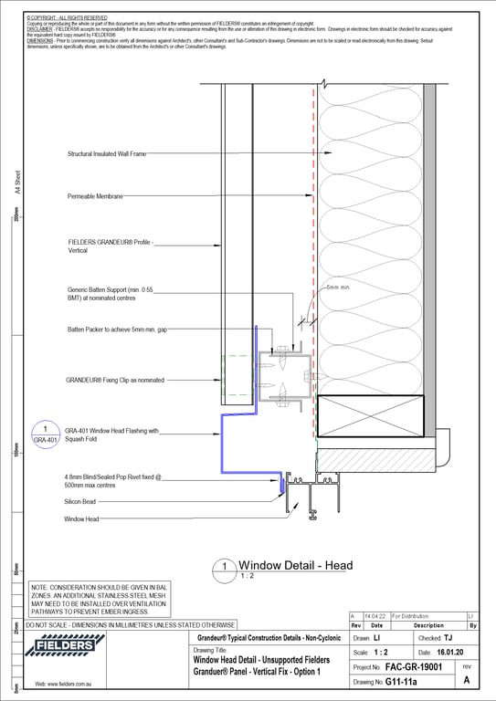 Navigate to G11-11a - Window Head Detail - Unsupported Fielders Granduer® Panel - Vertical Fix - Option 1
