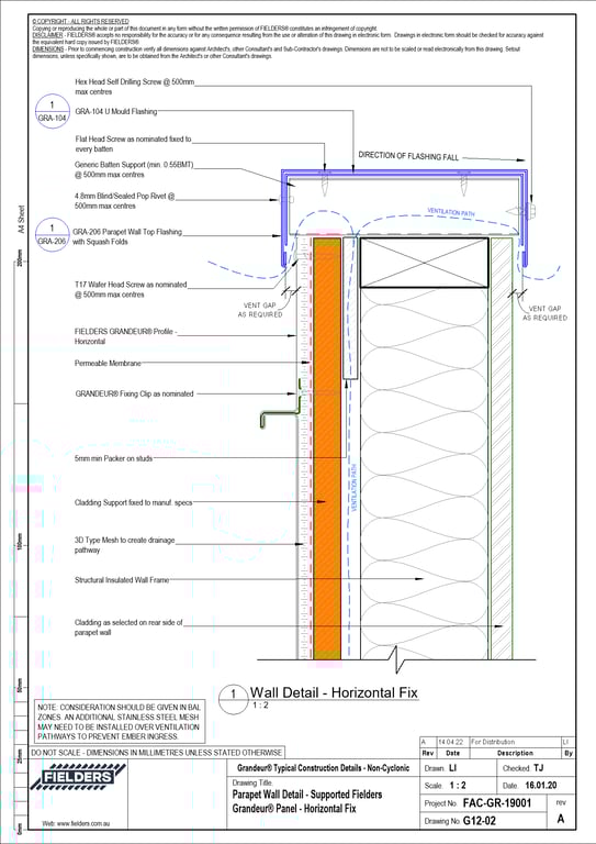  Image of G12-02 - Parapet Wall Detail - Supported Fielders Grandeur® Panel - Horizontal Fix
