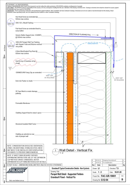 Navigate to G12-04 - Parapet Wall Detail - Supported Fielders Grandeur® Panel - Vertical Fix