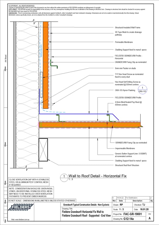 Navigate to G12-14a - Fielders Grandeur® Horizontal Fix Wall to Fielders Grandeur® Roof - Supported - End View