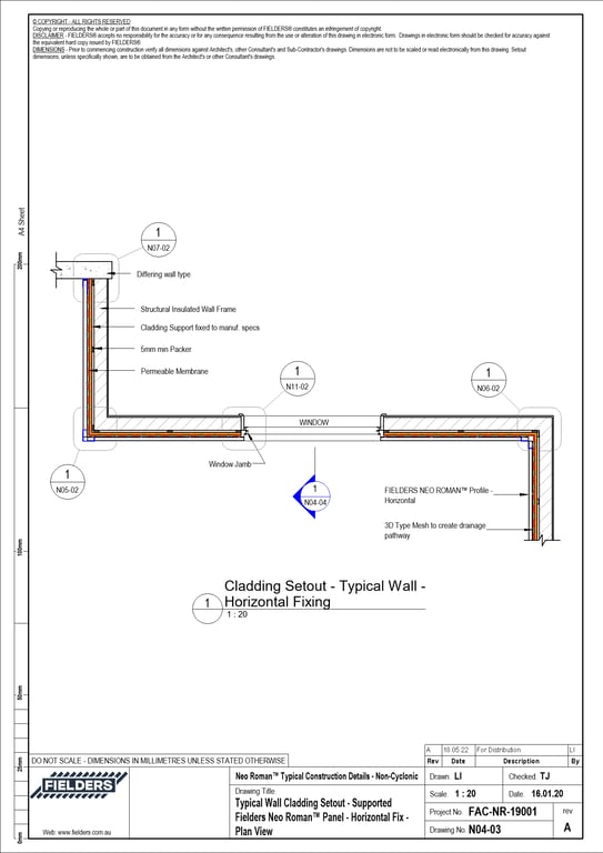 Navigate to N04-03 - Typical Wall Cladding Setout - Supported Fielders Neo Roman™ Panel - Horizontal Fix - Plan View