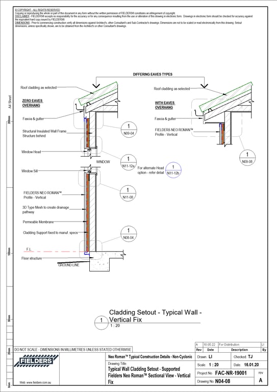 Navigate to N04-08 - Typical Wall Cladding Setout - Supported Fielders Neo Roman™ Sectional View - Vertical Fix
