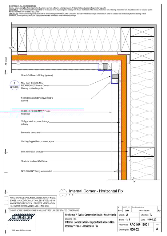 Navigate to N06-02 - Internal Corner Detail - Supported Fielders Neo Roman™ Panel - Horizontal Fix