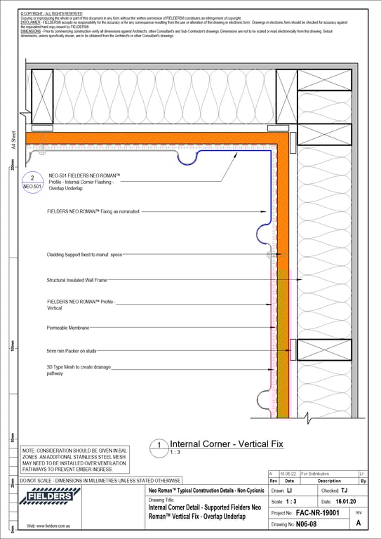 Navigate to N06-08 - Internal Corner Detail - Supported Fielders Neo Roman™ Vertical Fix - Overlap Underlap