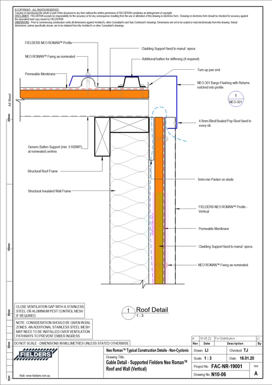 N10-06 - Gable Detail - Supported Fielders Neo Roman™ Roof and Wall (Vertical)