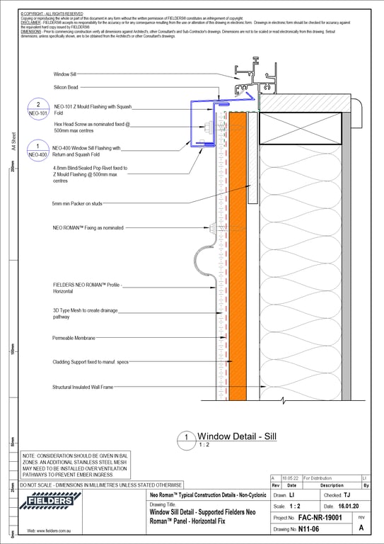 Navigate to N11-06 - Window Sill Detail - Supported Fielders Neo Roman™ Panel - Horizontal Fix