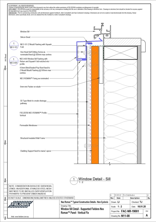 Navigate to N11-08 - Window Sill Detail - Supported Fielders Neo Roman™ Panel - Vertical Fix