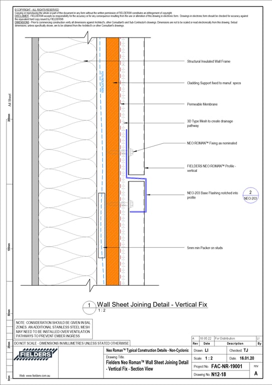 Navigate to N12-18 - Fielders Neo Roman™ Wall Sheet Joining Detail - Vertical Fix - Section View