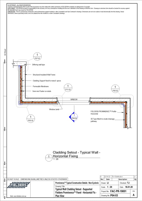 Navigate to P04-03 - Typical Wall Cladding Setout - Supported Fielders Prominence™ Panel - Horizontal Fix - Plan View