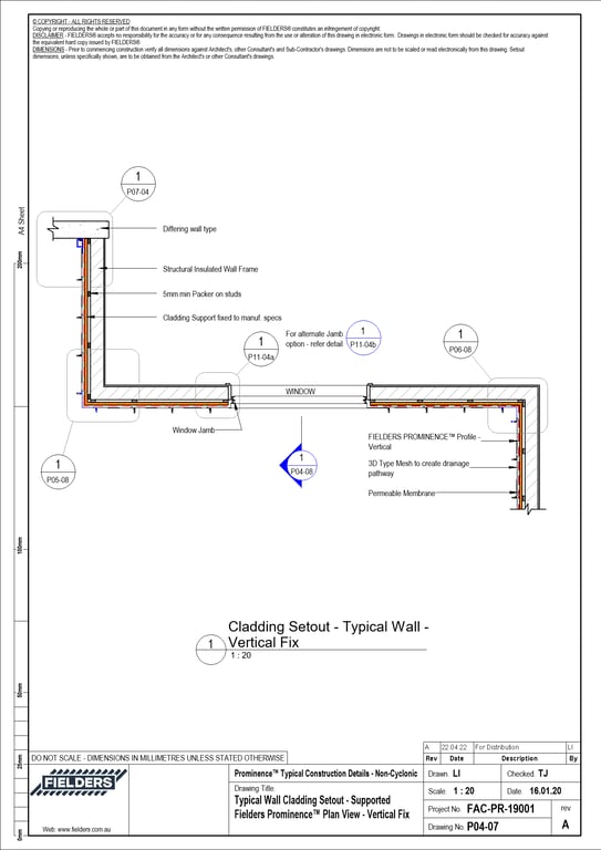 Navigate to P04-07 - Typical Wall Cladding Setout - Supported Fielders Prominence™ Plan View - Vertical Fix