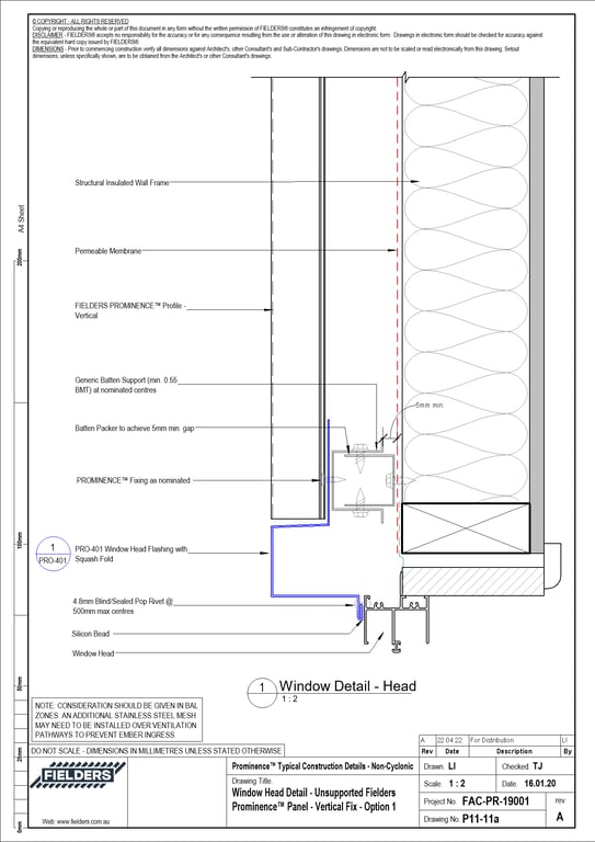 Navigate to P11-11a - Window Head Detail - Unsupported Fielders Prominence™ Panel - Vertical Fix - Option 1