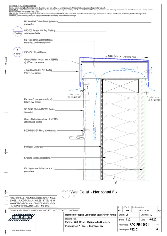 Navigate to P12-01 - Parapet Wall Detail - Unsupported Fielders Prominence™ Panel - Horizontal Fix
