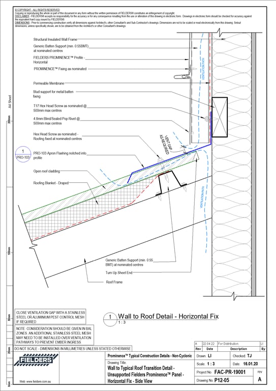 Navigate to P12-05 - Wall to Typical Roof Transition Detail - Unsupported Fielders Prominence™ Panel - Horizontal Fix - Side View