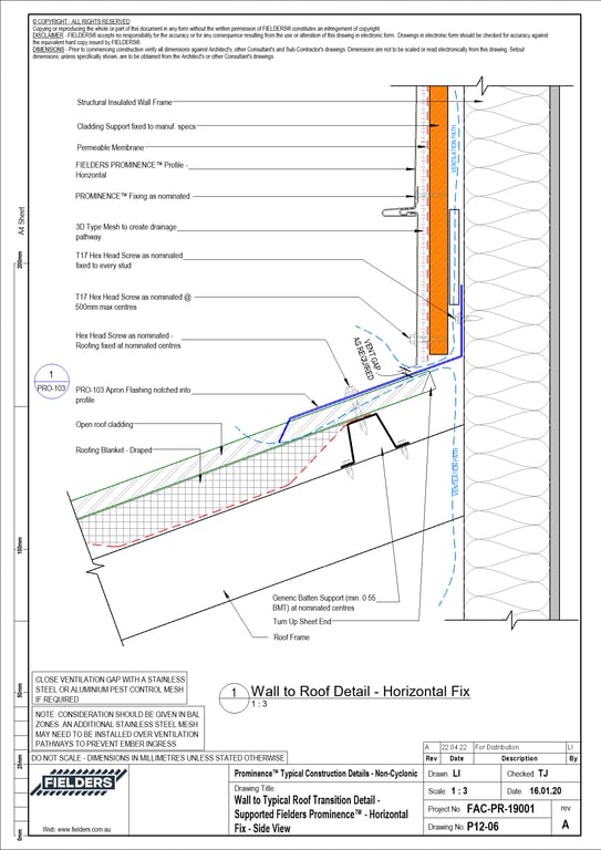 Navigate to P12-06 - Wall to Typical Roof Transition Detail - Supported Fielders Prominence™ - Horizontal Fix - Side View