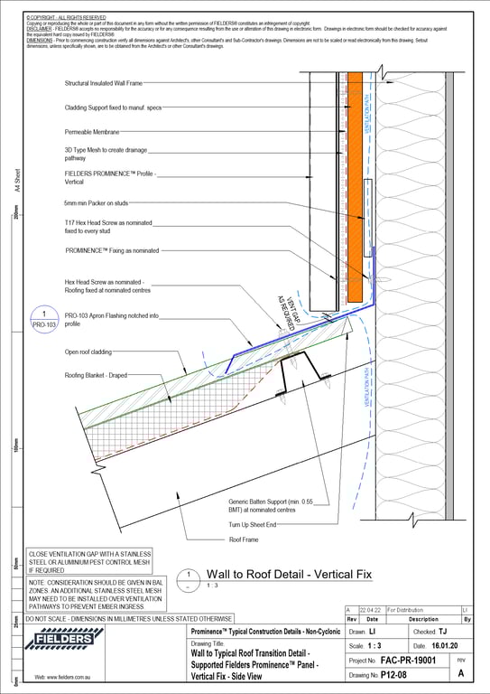 Navigate to P12-08 - Wall to Typical Roof Transition Detail - Supported Fielders Prominence™ Panel - Vertical Fix - Side View
