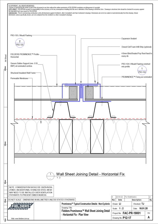 Navigate to P12-17 - Fielders Prominence™ Wall Sheet Joining Detail - Horizontal Fix - Plan View