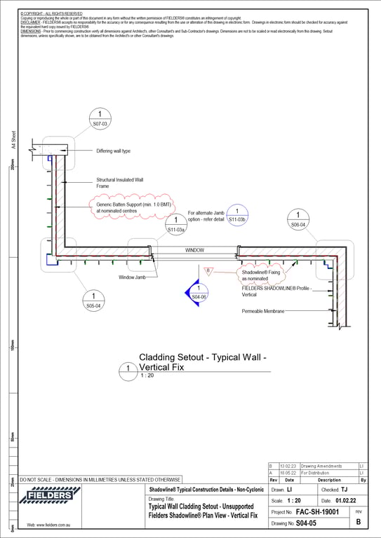 Navigate to S04-05 - Typical Wall Cladding Setout - Unsupported Fielders Shadowline® Plan View - Vertical Fix
