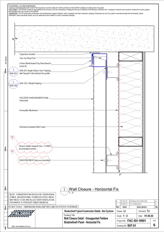 Navigate to S07-01 - Wall Closure Detail - Unsupported Fielders Shadowline® Panel - Horizontal Fix
