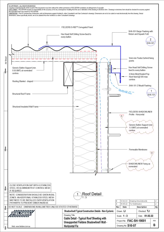 Navigate to S10-07 - Gable Detail - Typical Roof Sheeting with Unsupported Fielders Shadowline® Wall - Horizontal Fix
