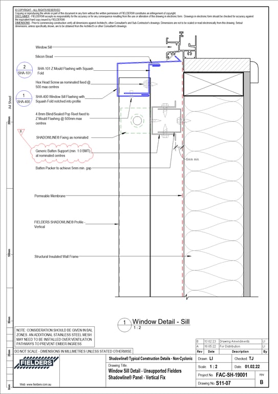 Navigate to S11-07 - Window Sill Detail - Unsupported Fielders Shadowline® Panel - Vertical Fix