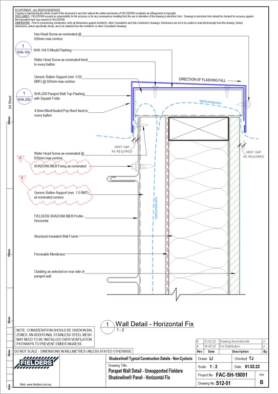 Navigate to S12-01 - Parapet Wall Detail - Unsupported Fielders Shadowline® Panel - Horizontal Fix
