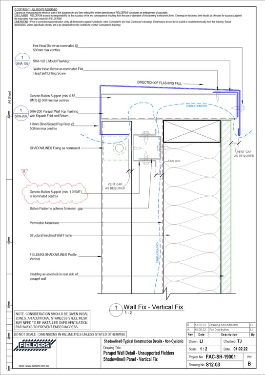 Navigate to S12-03 - Parapet Wall Detail - Unsupported Fielders Shadowline® Panel - Vertical Fix