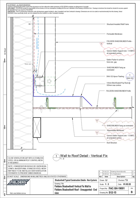 Navigate to S12-15 - Fielders Shadowline® Vertical Fix Wall to Fielders Shadowline® Roof - Unsupported - End view
