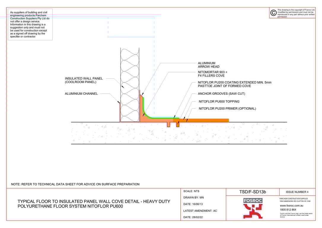  Image of TSD-F-SD13b - TYPICAL FLOOR TO INSULATED PANEL WALL COVE DETAIL - HEAVY DUTY POLYURETHANE FLOOR SYSTEM NITOFLOR PU600